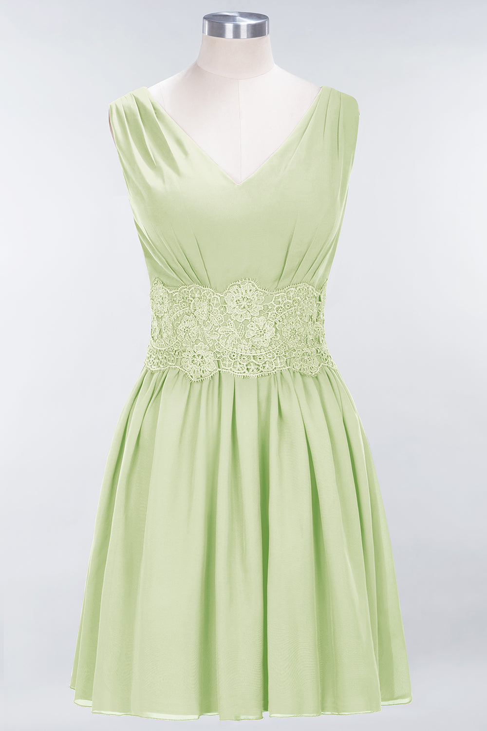 A-line Chiffon Lace V-Neck Sleeveless Mini Bridesmaid Dresses