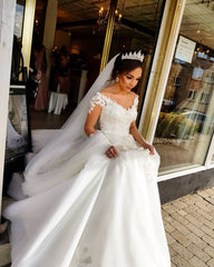 Gorgeous Long A-line Tulle Lace Off the Shoulder Wedding Dress with Long Sleeves