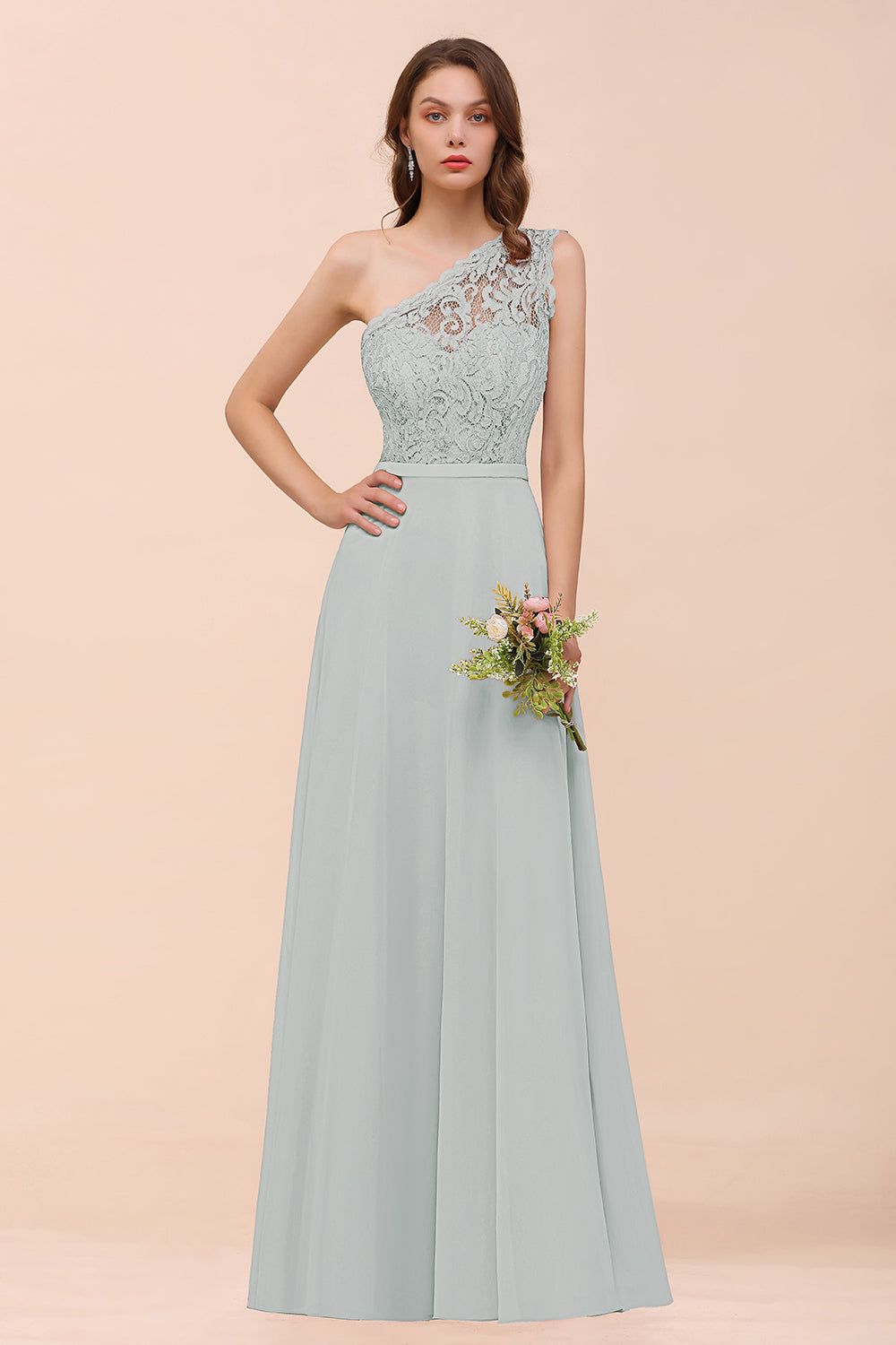 Classy One Shoulder Appliques Lace Floor Length A-Line Chiffon Bridesmaid Dress