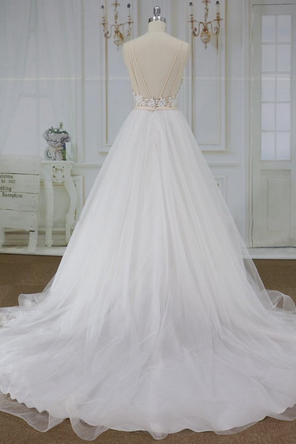 Long Applique Lace Spaghetti Strap A-line Tulle Wedding Dress