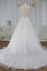 Long Applique Lace Spaghetti Strap A-line Tulle Wedding Dress