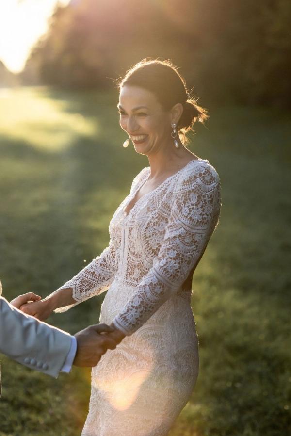 Long Sleeve Lace V-Neck Mermaid Wedding Dress with Open Back