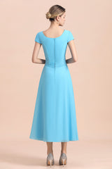 Blue Short Sleeves Chiffon Ruffles Tea-length Mother of the Bride Dress