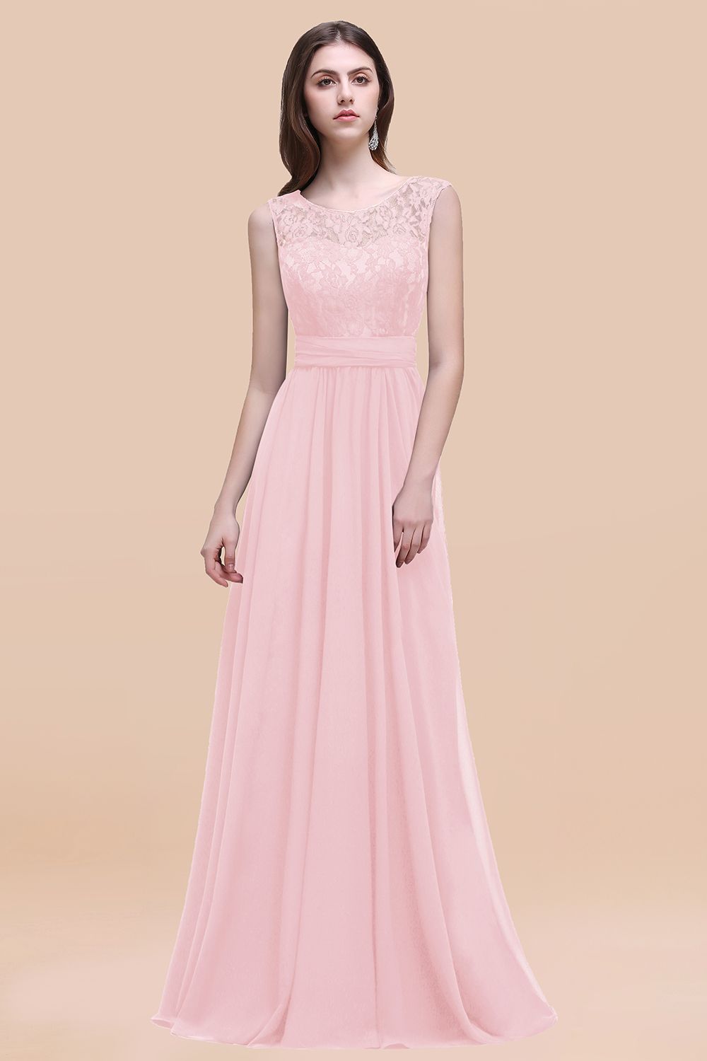 Elegant A-line Chiffon Lace Scoop Sleeveless Floor Length Bridesmaid Dress