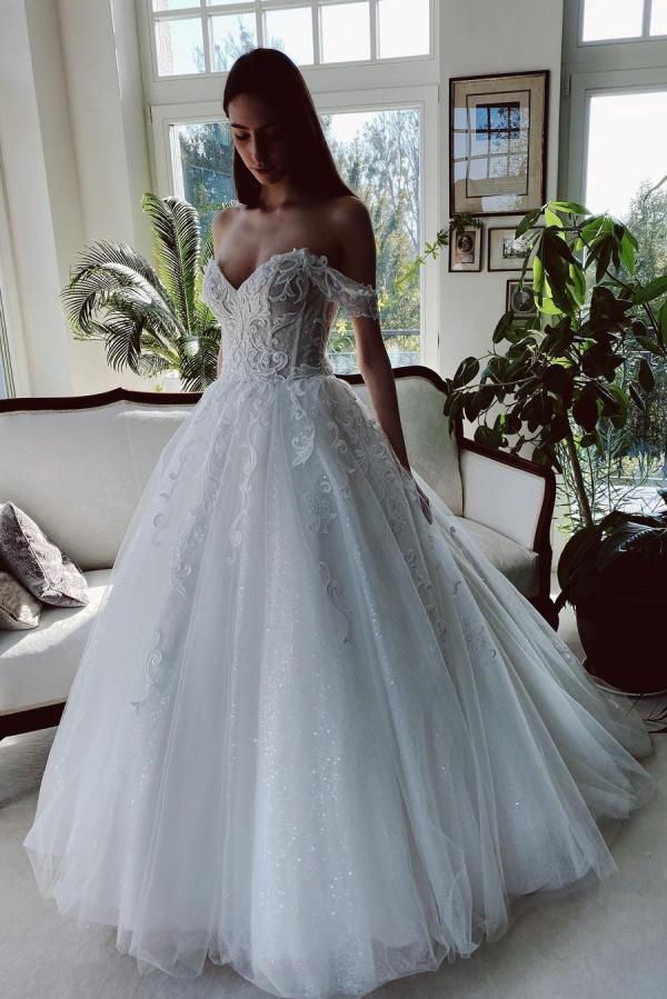 Charming Long A-line Off the Shoulder Tulle Wedding Dress with Glitter