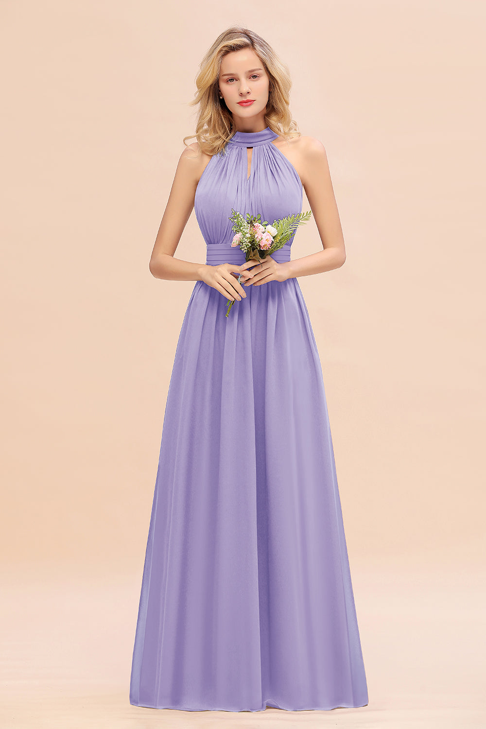 Dusty Sage Long High Neck Chiffon Bridesmaid Dresses with Ruffle
