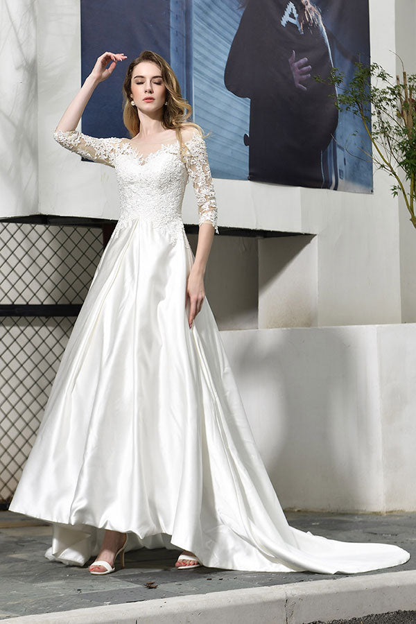 Elegant Long Lace-up A-Line Applique Satin Wedding Dress
