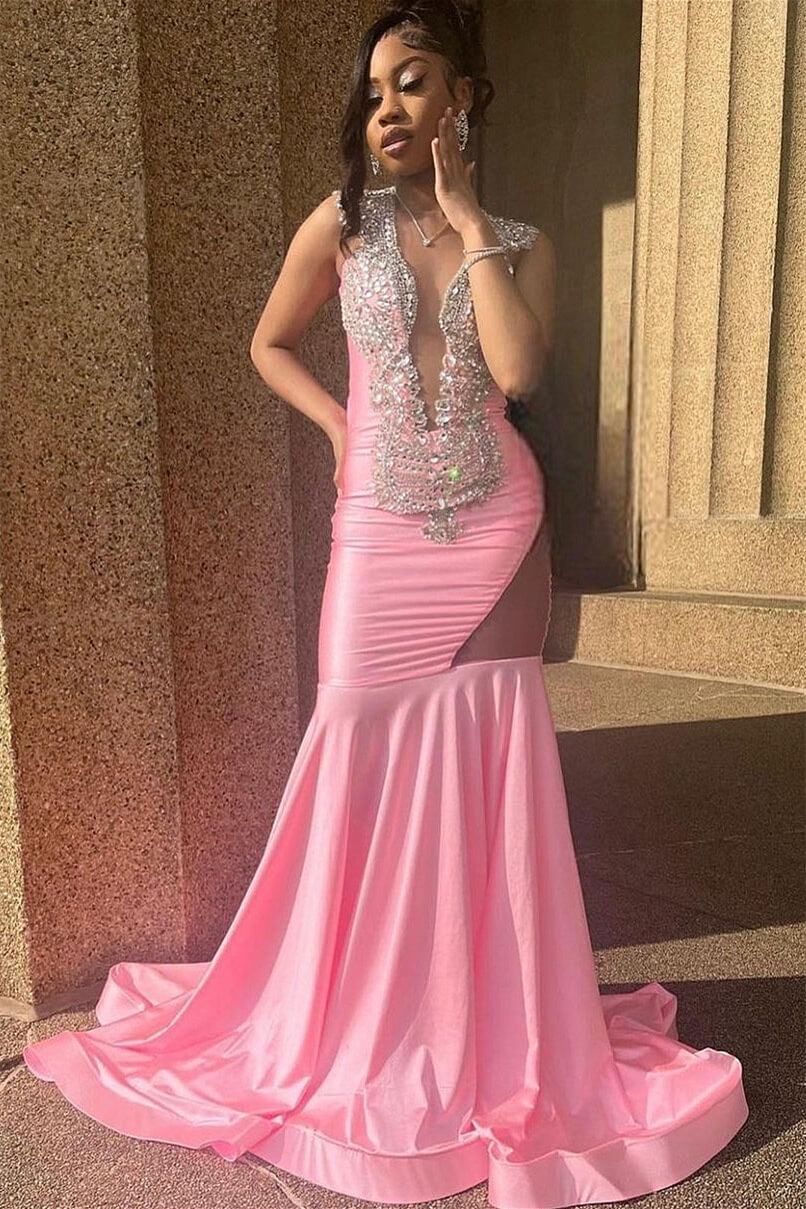 Long Mermaid Satin Beaded V-neck Prom Dress