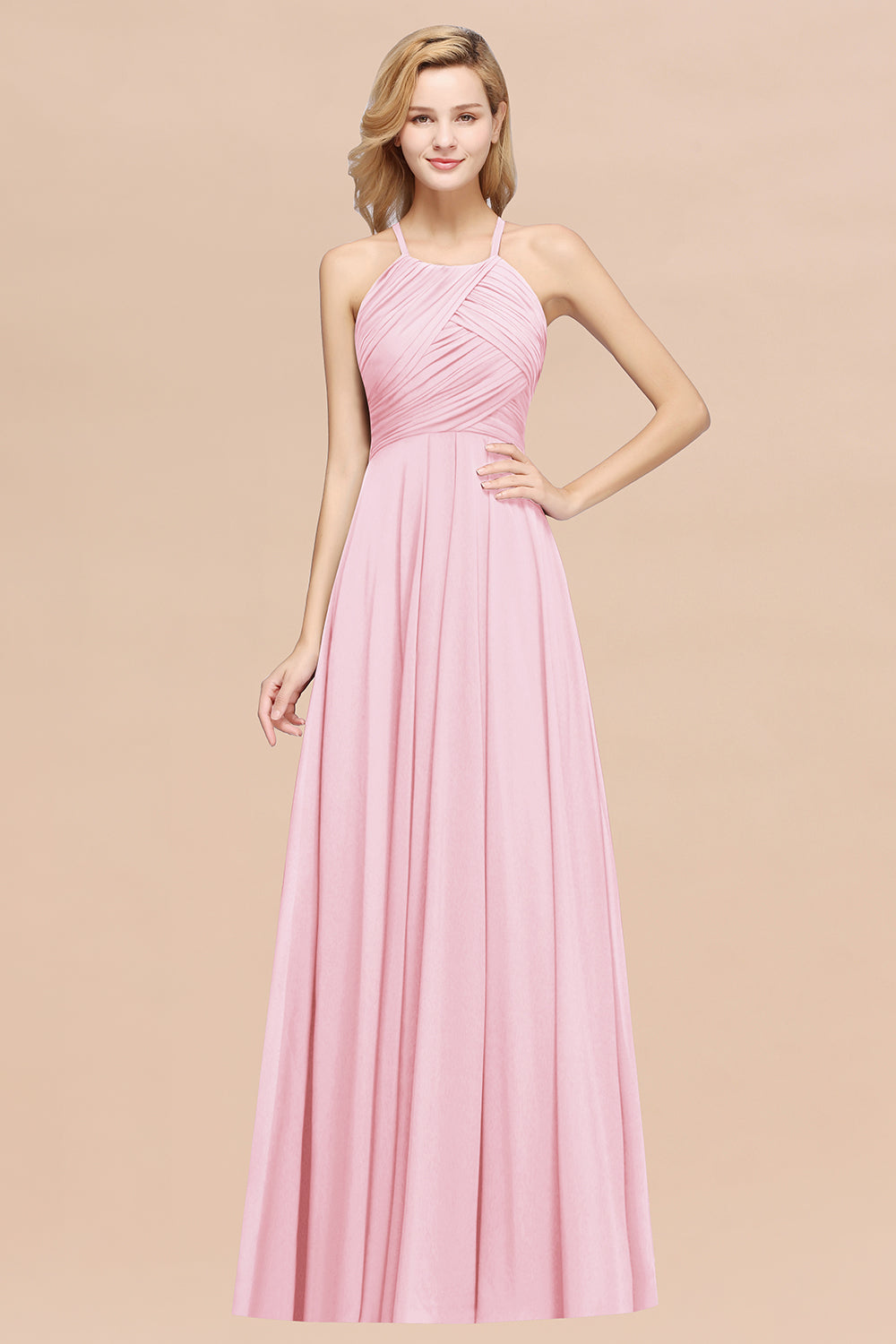 A-Line Chiffon Halter Ruffles Floor Length Bridesmaid Dress
