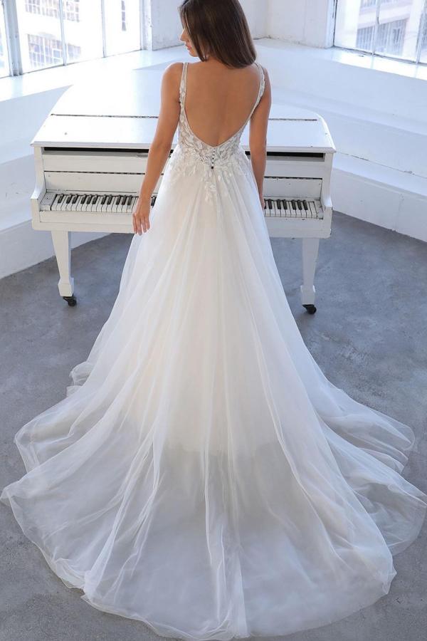 Beach White Long A-line V-neck Tulle Lace Backless Wedding Dress
