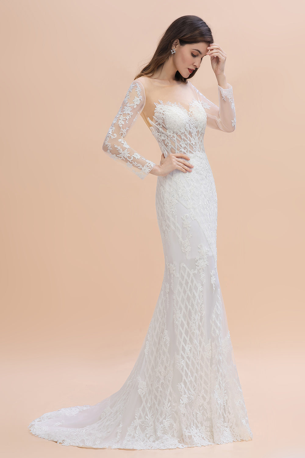 Mermaid Tulle Lace Long Sleeve Wedding Dresses With Detachable Train