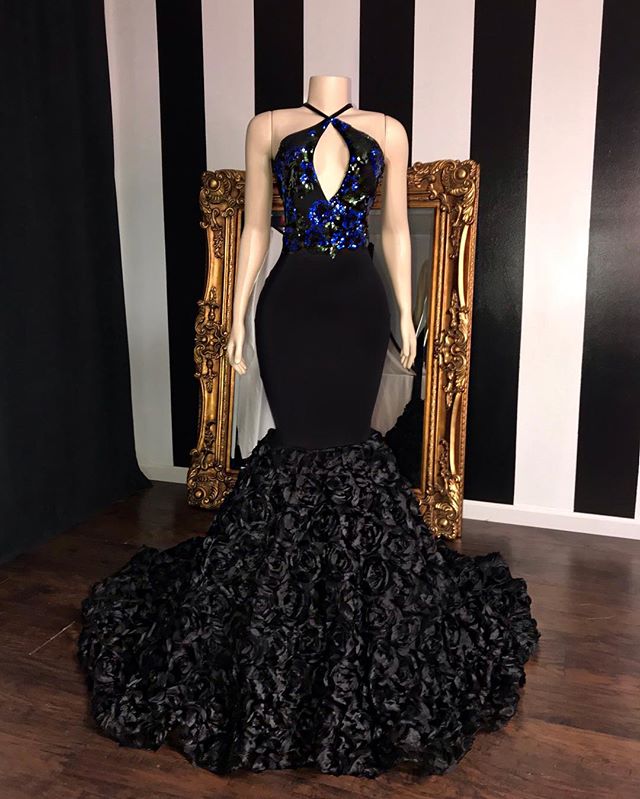 Black Long Mermaid Sleeveless Flowers Mermaid Prom Dresses