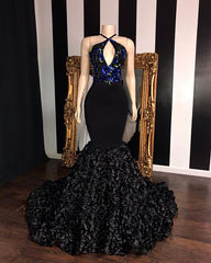 Black Long Mermaid Sleeveless Flowers Mermaid Prom Dresses
