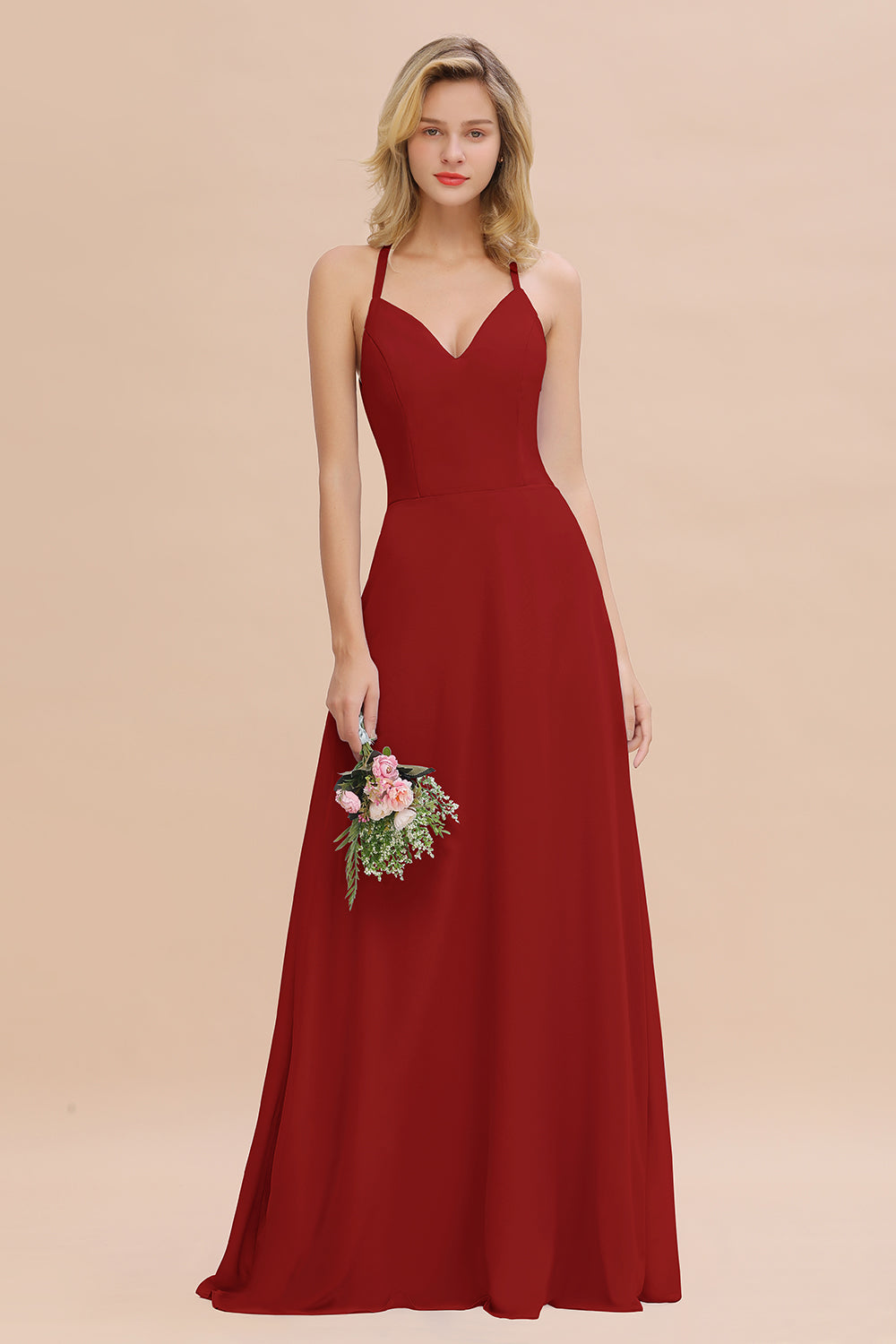Stylish Chiffon Spaghetti Straps Sleeveless Long Bridesmaid Dress