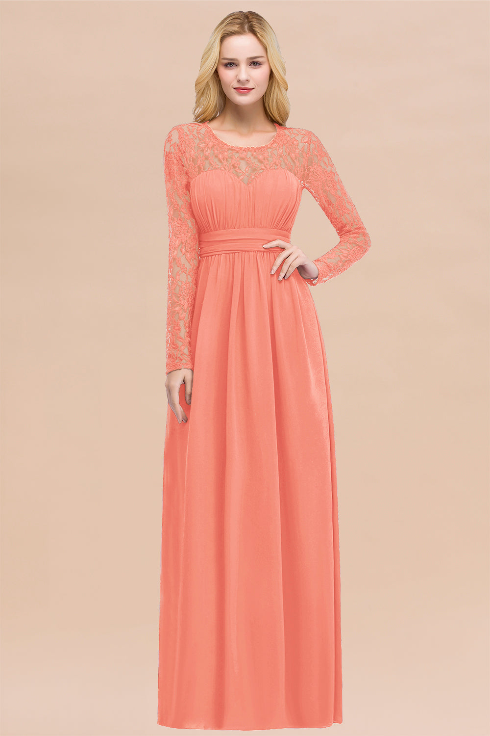 Elegant A-Line Chiffon Jewel Long Sleeves Ruffles Floor Length Bridesmaid Dresses