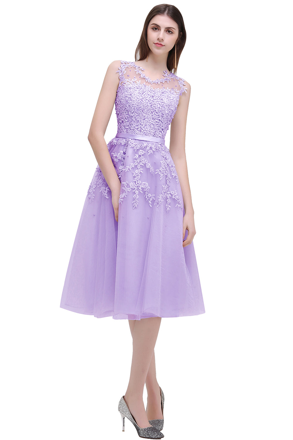 Short A-line Sleeveless Crew Neck Tulle Lace Formal Dress