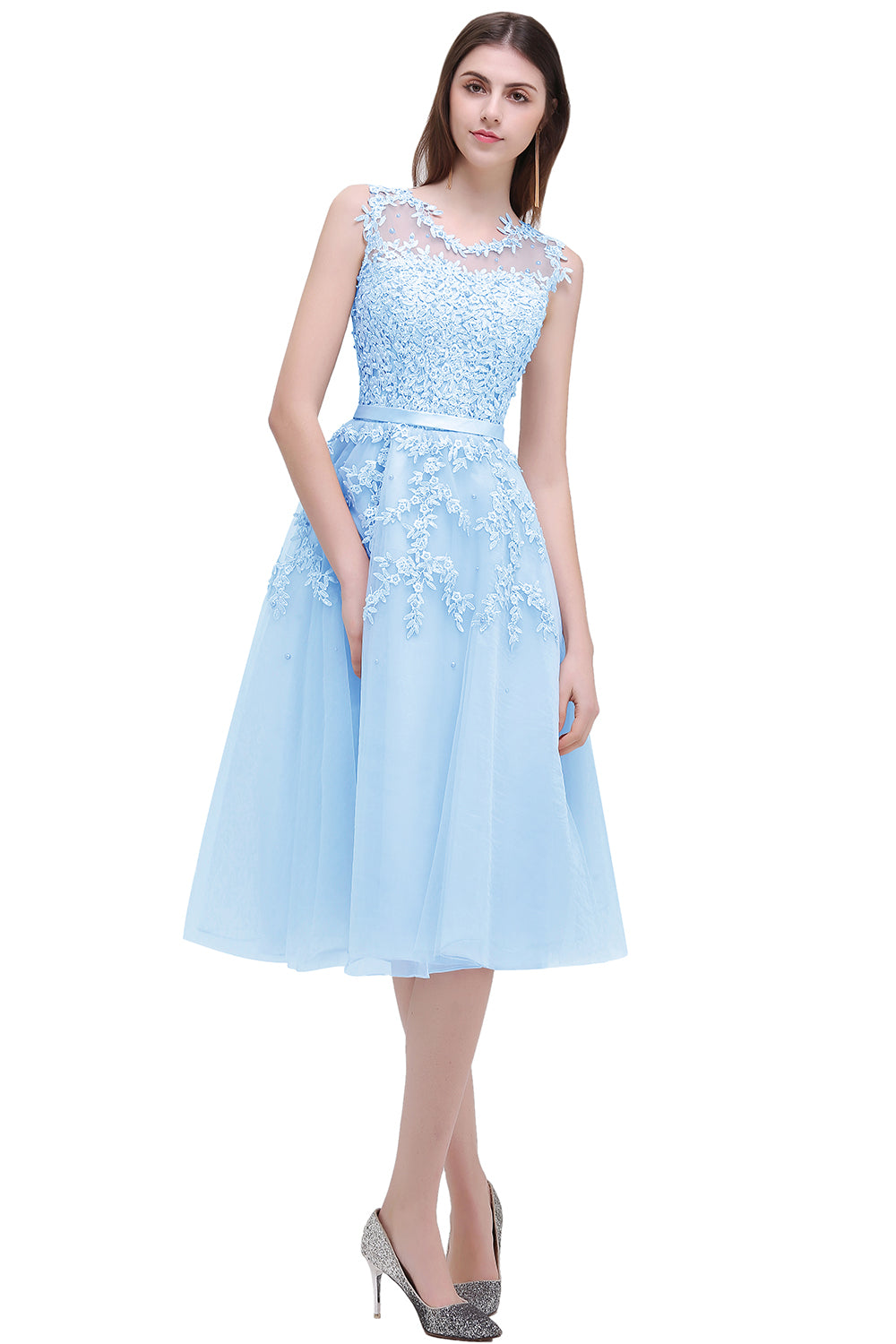 Short A-line Sleeveless Crew Neck Tulle Lace Formal Dress