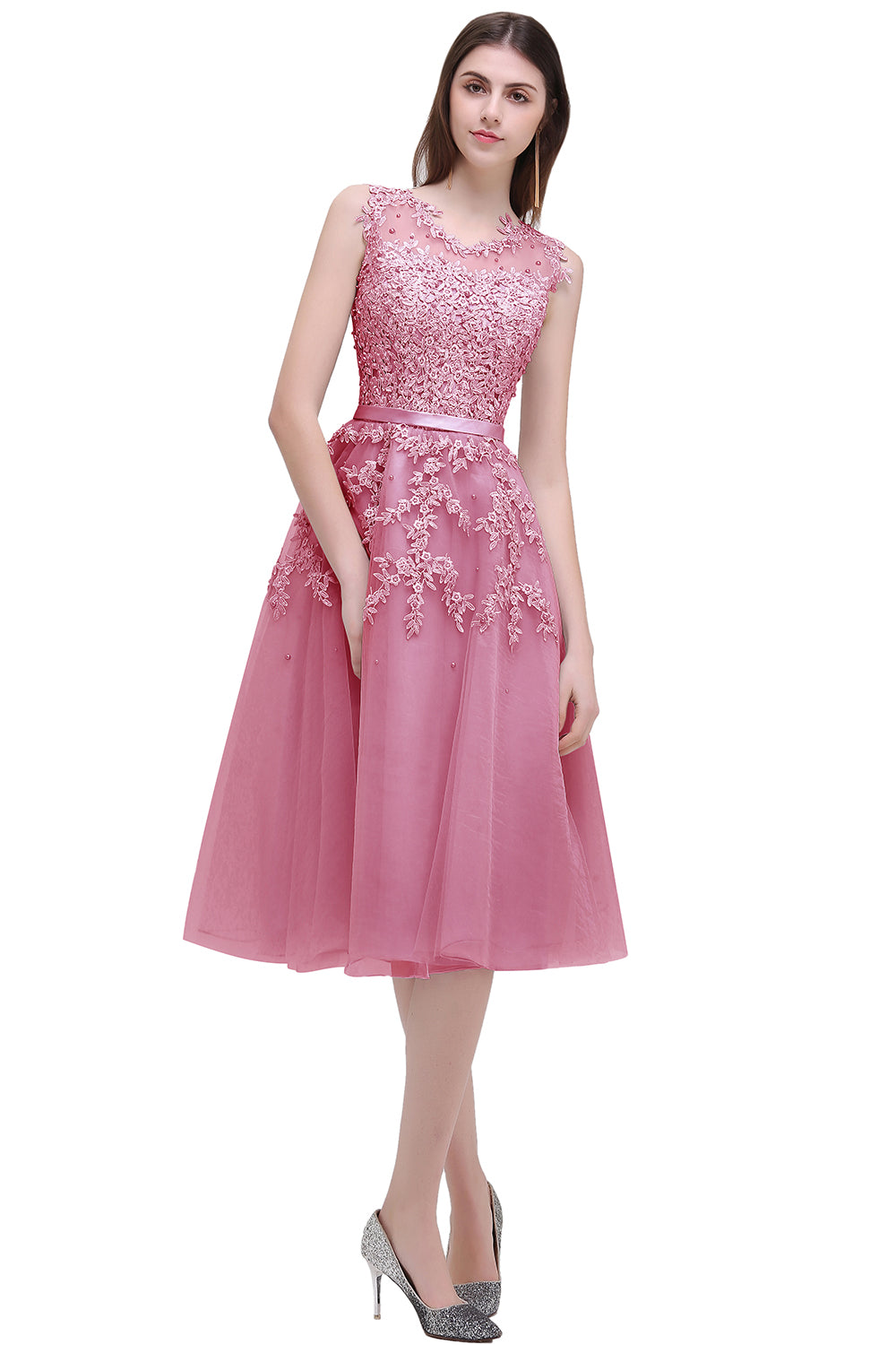 Short A-line Sleeveless Crew Neck Tulle Lace Formal Dress