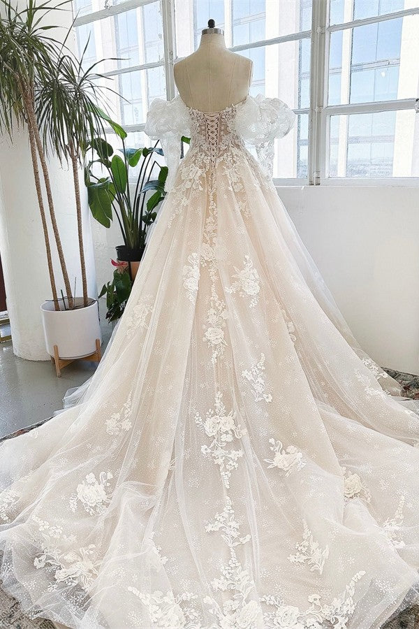 Modest Long A-line Sweetheart Tulle Lace Wedding Dresses