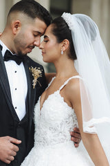 Charming Long Spaghetti Strap Sweetheart Floor Length Ball Gown Wedding Dress with Ruffles