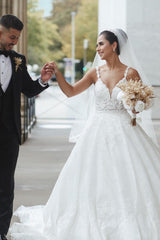 Charming Long Spaghetti Strap Sweetheart Floor Length Ball Gown Wedding Dress with Ruffles