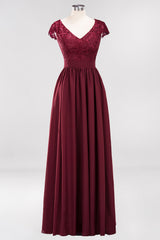 A-line Chiffon Lace V-Neck Sleeveless Floor Length Bridesmaid Dresses with Ruffles