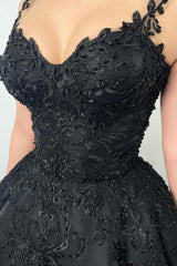 Elegant Long Black A-line Sweetheart Satin Appliques Wedding Dress with Train