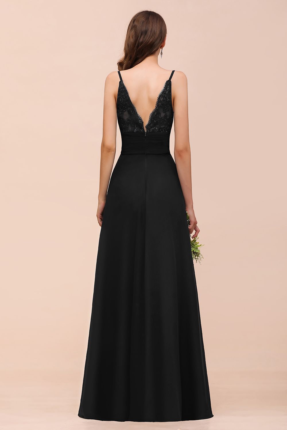 Elegant Black Spaghetti Straps Sweetheart Split Chiffon A-Line Bridesmaid Dress