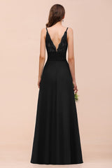 Elegant Black Spaghetti Straps Sweetheart Split Chiffon A-Line Bridesmaid Dress