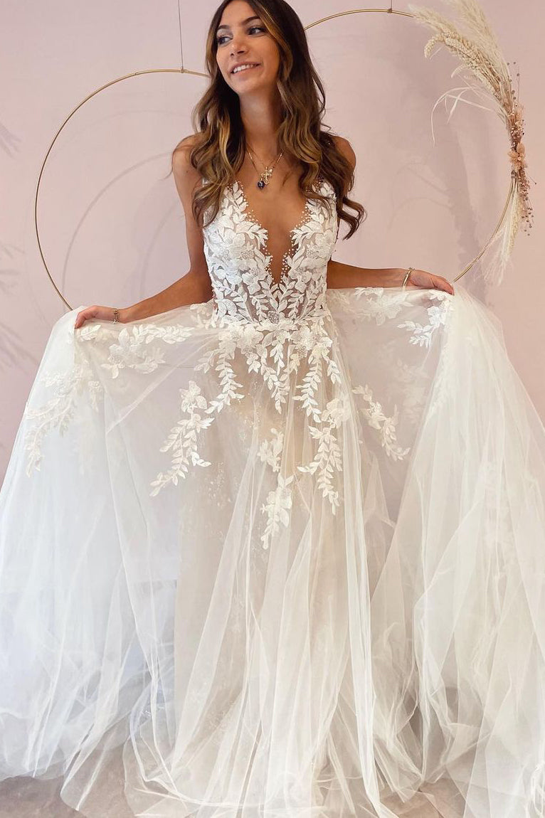 Long A-Line Deep V-neck Appliques Lace Tulle Backless Floor Length Wedding Dress