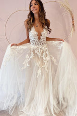 Long A-Line Deep V-neck Appliques Lace Tulle Backless Floor Length Wedding Dress