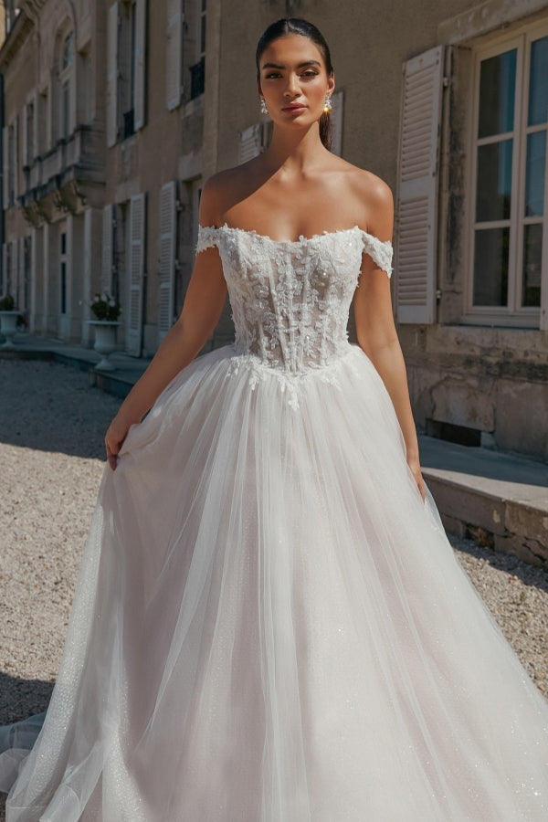 Long A Line Off The Shoulder Open Back Tulle Wedding Dress with Appliques Lace