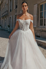 Long A Line Off The Shoulder Open Back Tulle Wedding Dress with Appliques Lace