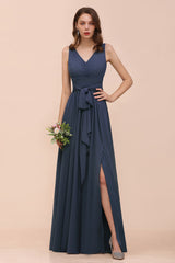 Long A-line V-neck Chiffon Stormy Bridesmaid Dress with Slit