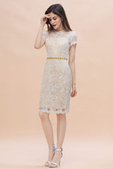 Tulle Lace Beads Belt Short Sleeves Mother of Bride Dress