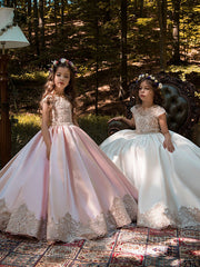 Ball Gown Long Satin Jewel Neck Flower Girl Dresses with Cap Sleeve
