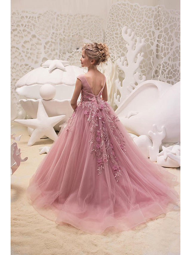 Long A-line Tulle Jewel Neck Appliques Lace Wedding Party Girl Dresses