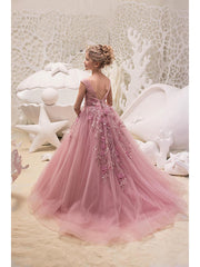 Long A-line Tulle Jewel Neck Appliques Lace Wedding Party Girl Dresses