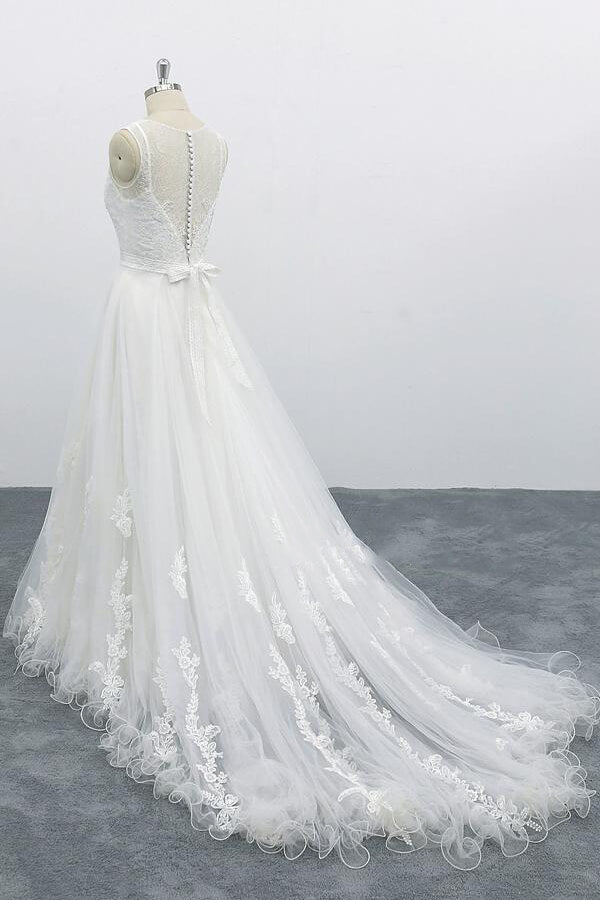 Long Sweetheart Appliques Lace Tulle A-line Wedding Dress