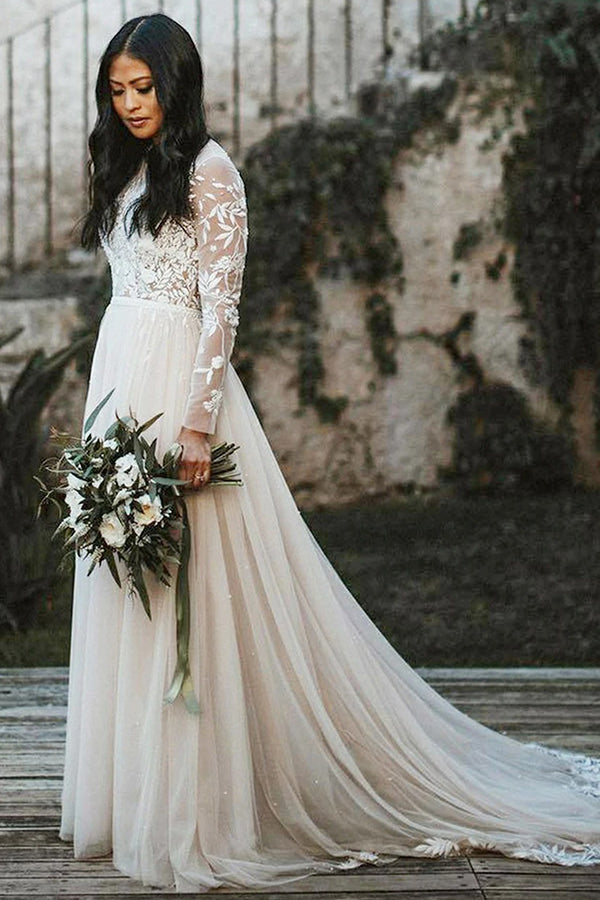 Elegant Long A-line Lace Scoop Sweep Train Wedding Dresses with Sleeves