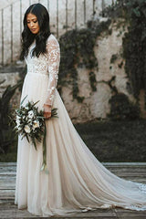 Elegant Long A-line Lace Scoop Sweep Train Wedding Dresses with Sleeves