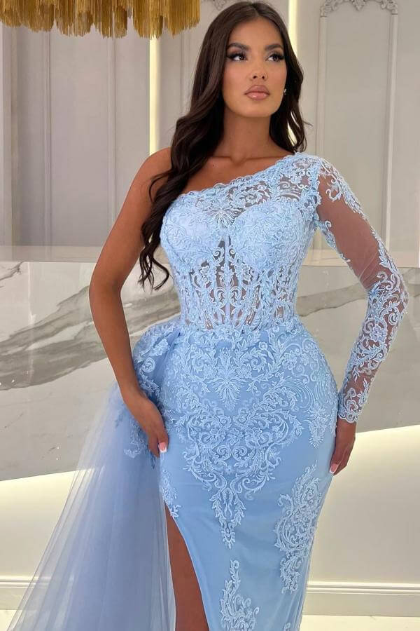 One Shoulder Long Sleeve Lace Split Mermaid Prom Dress with Tulle Train