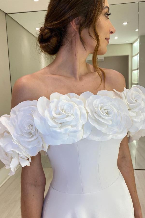 Long A-line Off the Shoulder Satin Flower Wedding Dresses with Slit