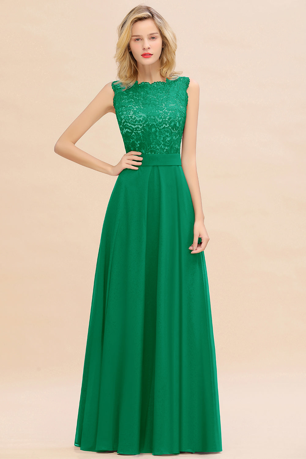 Long A-line Chiffon Lace Sleeveless Bridesmaid Dresses