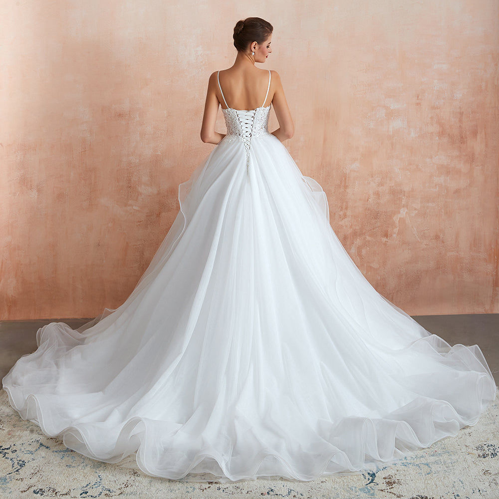 Long Sweetheart Appliques Lace Tulle A-line Wedding Dress