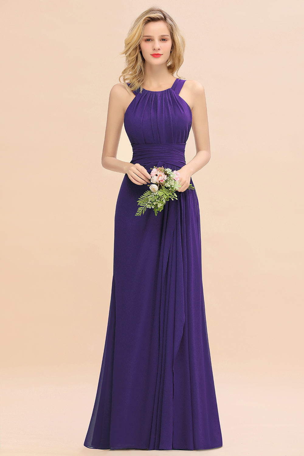 Long A-line Halter Chiffon Backless Floor Length Bridesmaid Dresses