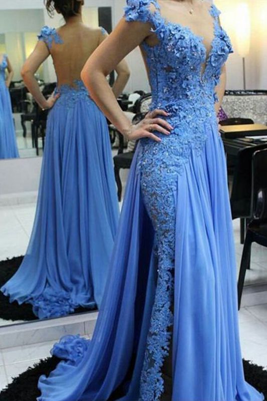 Long A-line Sweetheart Lace Floor Length Backless Prom Dress With Ruffles