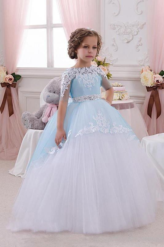 Long Scoop Neck 1/2 Sleeve Ball Gown Flower Girl Dress
