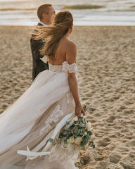 Long A-Line Off the Shoulder Backless Appliques Lace Floor Length Tulle Wedding Dress