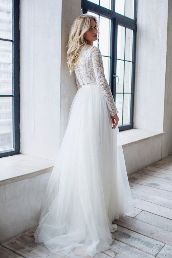 Long A-line Lace Chiffon Two Piece Wedding Dress with Sleeves